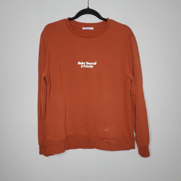 ZARA TRAFALUC Rust Orange Make Yourself a Priority Crewneck Sweater Sz M - Picture 2 of 6